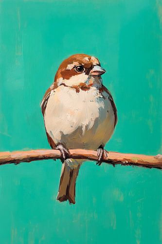 Portrait de moineau sur fond turquoise