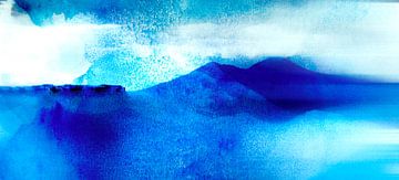 Japan bergen landschap schilderij in blauw van Mad Dog Art