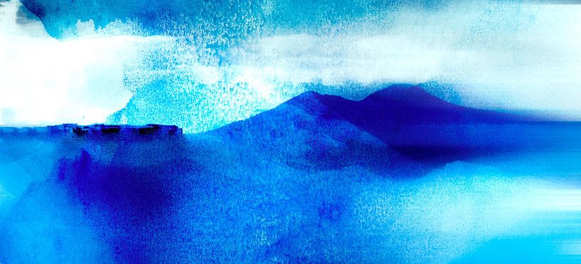 Japan Mountains Landscape Painting in Blue by Mad Dog Art
