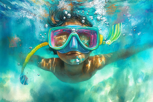 Painting of a child swimming with a snorkel and goggles.