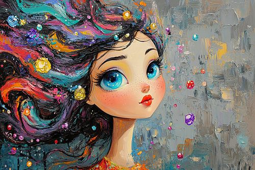 Girl with Shimmering Hair | Girl with Big Eyes by Eye catching paintings