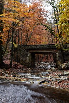 Een stenen brug over een rivier. van Gerard de Zwaan