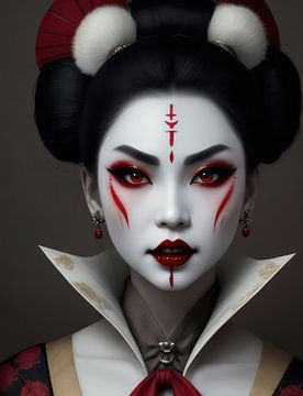 extreme make up bij deze traditionele geisha uit de 19e eeuw. van Brian Morgan