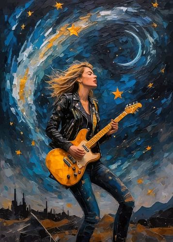 Vrouw speelt elektrische gitaar in abstracte sterrennacht
