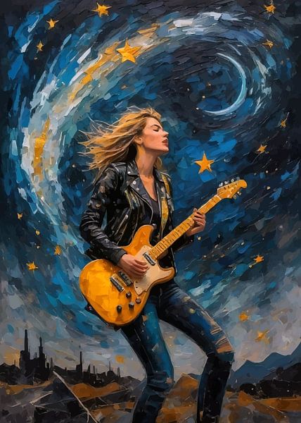 Frau spielt E-Gitarre in abstrakter sternenklarer Nacht von MIROKKU