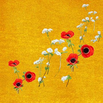 Chinees Aziatisch klaproos bloemen sfeer op gouden achtergrond van J.a Dijkstra