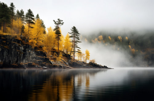 Fog at the mountain lake