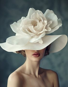 Modern en chic portret van een vrouw met grote witte hoed van Carla Van Iersel