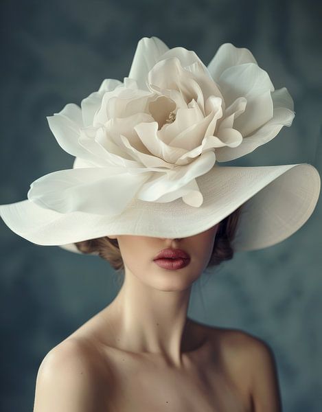 Modern and chic portrait of a woman in a large white hat by Carla Van Iersel