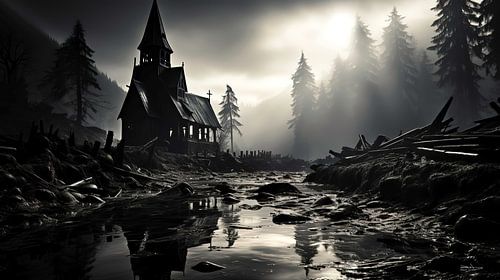 oud gebouw in zwart-wit met dramatisch licht