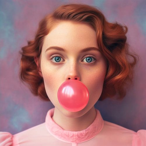 Portrait photo of a young woman with bubblegum sticking out of her mouth by Roger VDB