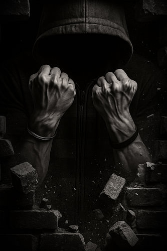 Hooded Figure Breaking Wall