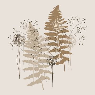 Nordic retro botanical. Fern leaves and flowers in beige and gold by Dina Dankers