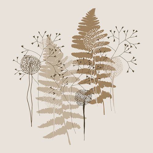 Scandinavisch retro botanisch. Varensbladeren en bloemen in beige en goud