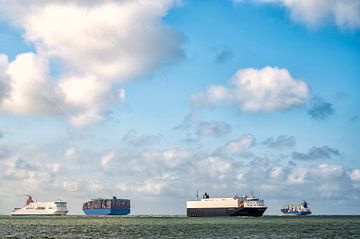 Ships leaving and entering the port of Rotteram at the North Sea by Sjoerd van der Wal