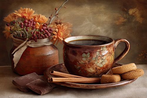 Romantisch herfststilleven met koffie, macarons en warme tinten