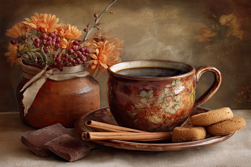 Romantic autumn still life with coffee, macarons and warm hues by Joriali photography and paintings