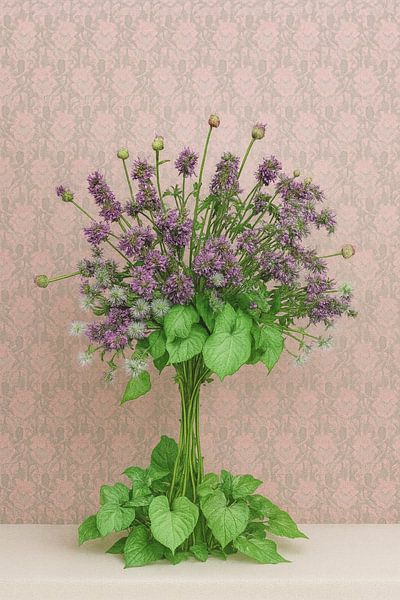 Peinture de fleurs violettes sur fond rose par Kleurenrijk