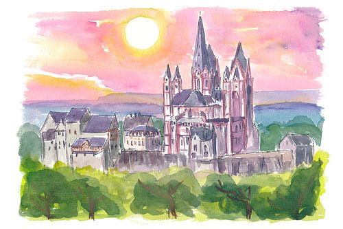Cathédrale de Limbourg Aquarelle Scène de coucher de soleil