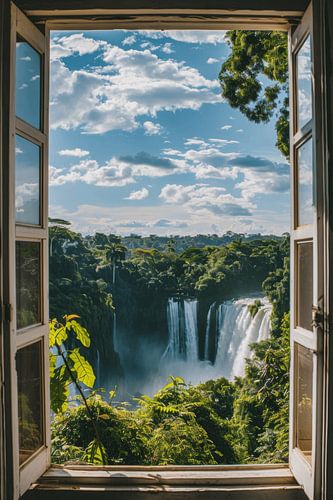 Waterval landschap door het raam