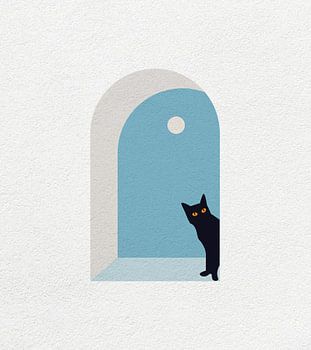 Minimal art illustratie van een kat die achter een raam gluurt