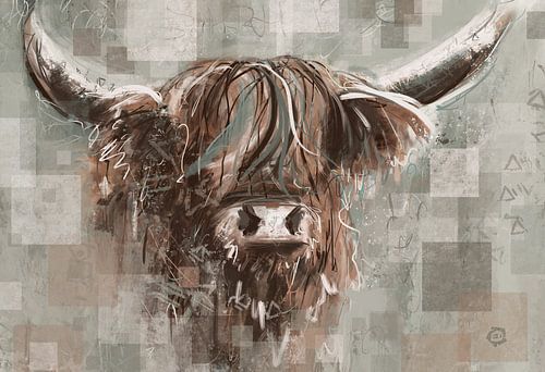 Street art kunstwerk van schotse hooglander - stoere roodharige koe
