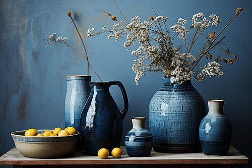 Blaue Vasen und gelbe Zitronen