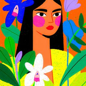 A colourful portrait featuring flowers and a cheerful woman by But First Framing