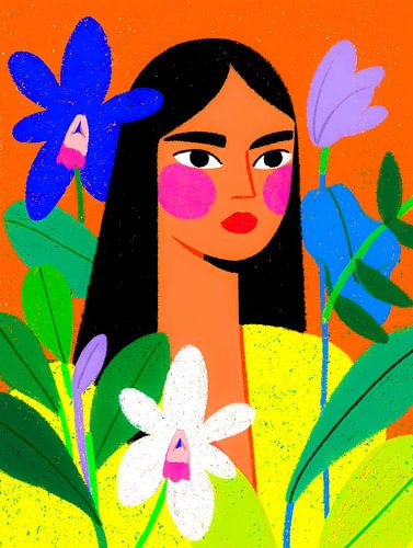 Portrait coloré avec des fleurs et une femme joyeuse