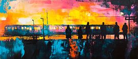 Farbenfrohe Bahnhofsszene bei Sonnenuntergang von Poster Art Shop