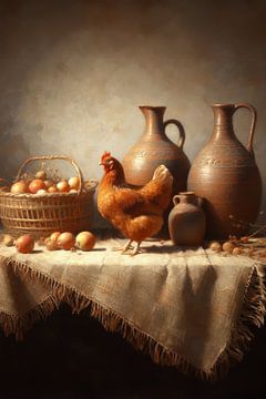 Digital painting of a mother hen with pitchers by Ellen Van Loon