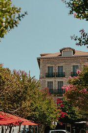 Hotel in Biarritz in front of a terrace with pink flowers in the trees. by Fotograaf Elise