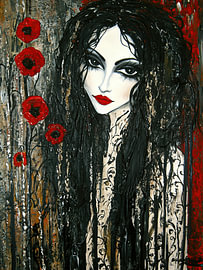 Crimson Anemone – A Haunting Gothic Portrait in Charcoal and Blood-Red Flowers by Egon Zitter