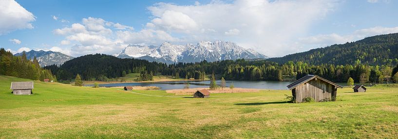 alpine meadow with wooden huts, view to Karwendel mountains by SusaZoom