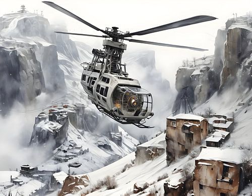 fantastic helicopter in a wintry snowy mountain valley