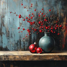Noël rouge avec vase bleu sur Caprices d'Art