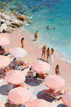 Impressionistisch Zomerstrand in Pastelkleuren – Azuurblauwe Zee en Parasols