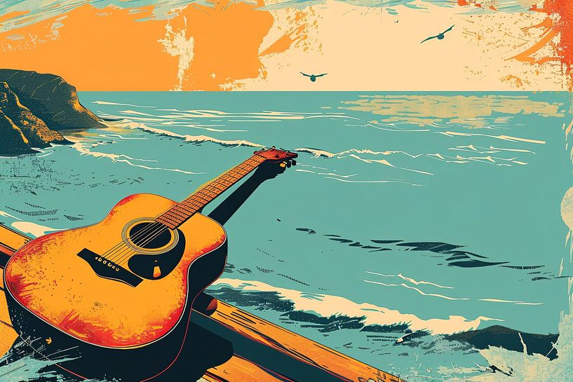 Guitar on the shore at sunset by Imperial Art House