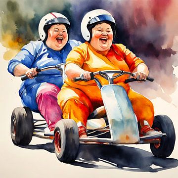 2 femmes sociables s'amusent au karting sur De gezellige Dames