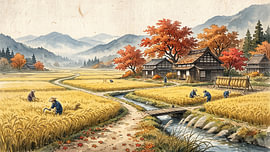 Herbsternte in einem traditionellen japanischen Reisanbaudorf von my pixel art