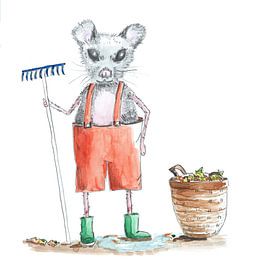 Mouse gardening with rake and basket for the leafs by Ivonne Wierink
