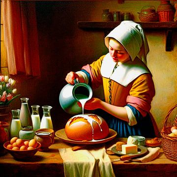 Melkmeisje van Johannes Vermeer bakt een Paasbrood. (1) Popart van Ineke de Rijk