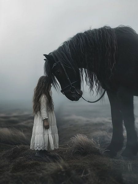 little girl with black horse by haroulita
