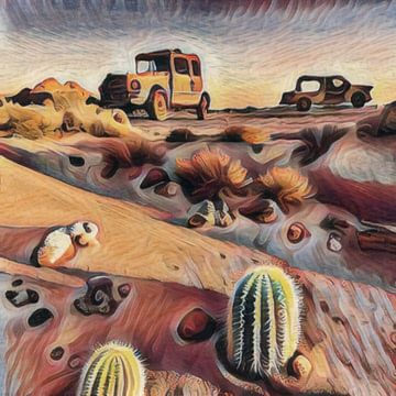 Roest in de woestijn Woestijn - auto wrak van Emiel de Lange
