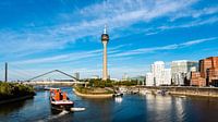 Medienhafen Düsseldorf Rhein mit Fernsehturm und Gehry Bauten Frachtschiff von Dieter Walther Miniaturansicht
