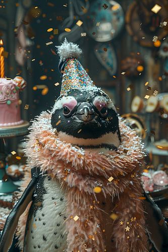 Grappige pinguïn met verjaardagshoed en confetti