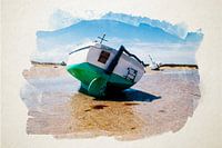 Waterverf van een boot op het strand