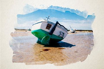Waterverf van een boot op het strand van Youri Mahieu