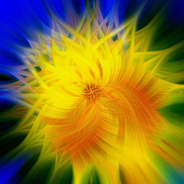 Fleur de lumière. Art abstrait géométrique coloré en jaune, orange, bleu. par Dina Dankers