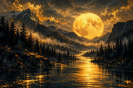 Golden moon above the forest and waterfall by AiArtLand